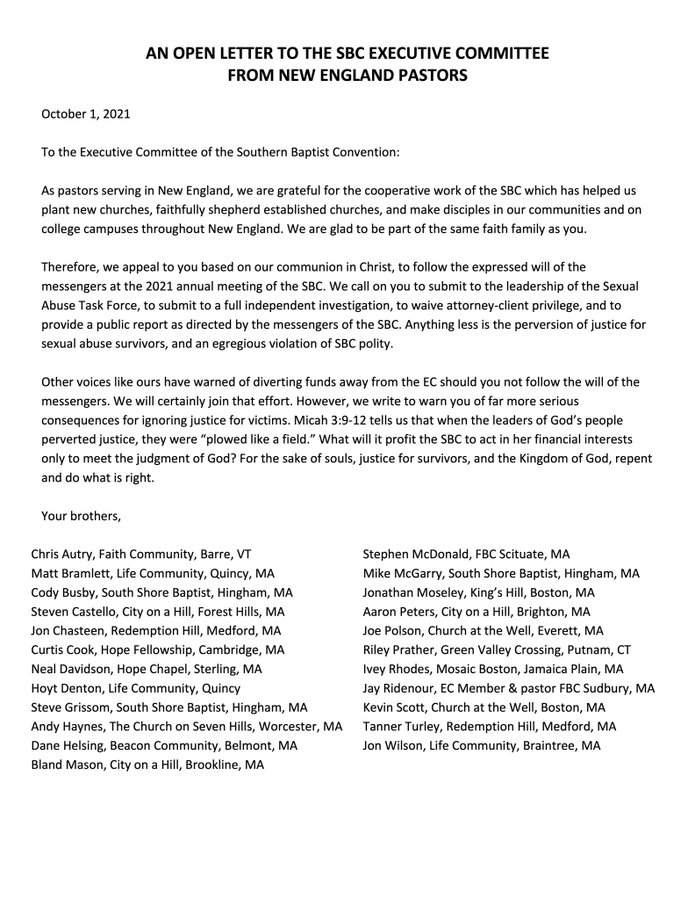 I join with other pastors from New England in expressing our grave concerns and urging the members of the @SBCExecComm to follow the will of the messengers and to do so quickly.