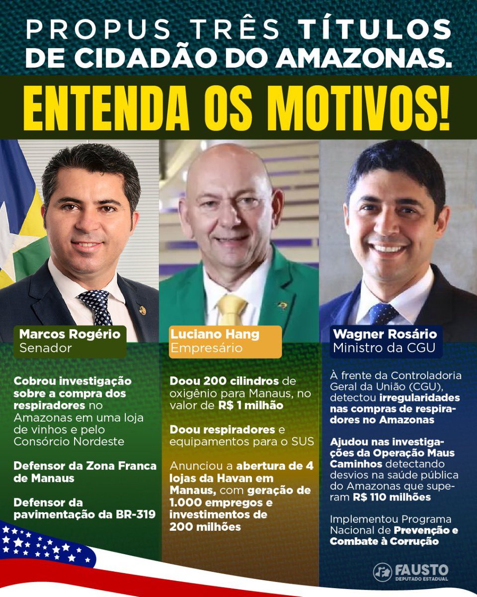 faustojr_am's tweet photo. Fui o autor dos projetos que concederão o Título de Cidadão do Amazonas para o senador Marcos Rogério, o empresário Luciano Hang e o ministro da CGU, Wagner Rosário. 

Por conta disso, alguns veículos de comunicação, ligados “A VOCÊS SABEM QUEM”, estão injustamente nos atacando. https://t.co/0mqxuoTCEG