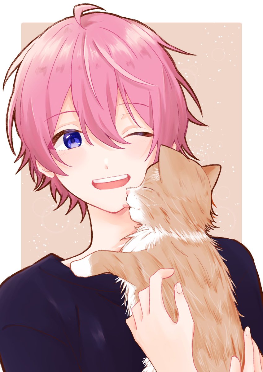 1boy pink hair cat male focus one eye closed smile holding  illustration images