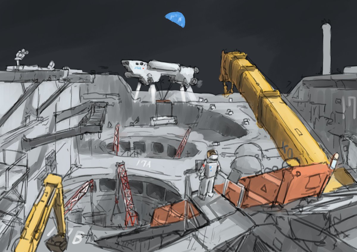 「『静かの基地宇宙港の完成予定日は…』お題は工事現場#背景版深夜の真剣お絵描き60」|Doroniのイラスト