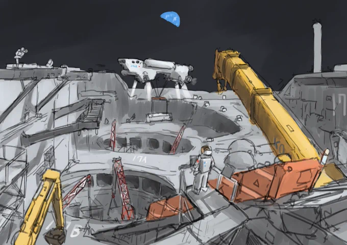 『静かの基地宇宙港の完成予定日は…』お題は工事現場#背景版深夜の真剣お絵描き60分一本勝負 