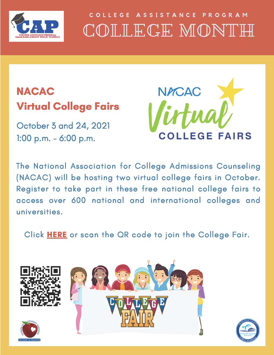 MDCPS's tweet photo. The @NACAC will be hosting two virtual college fairs in October. Don't miss the opportunity to learn more about the 600 participating national and international colleges and universities tomorrow, October 3rd. Register at https://t.co/pEvOwNcqAG. #CollegeMonthMDCPS https://t.co/WqPusxPV9W