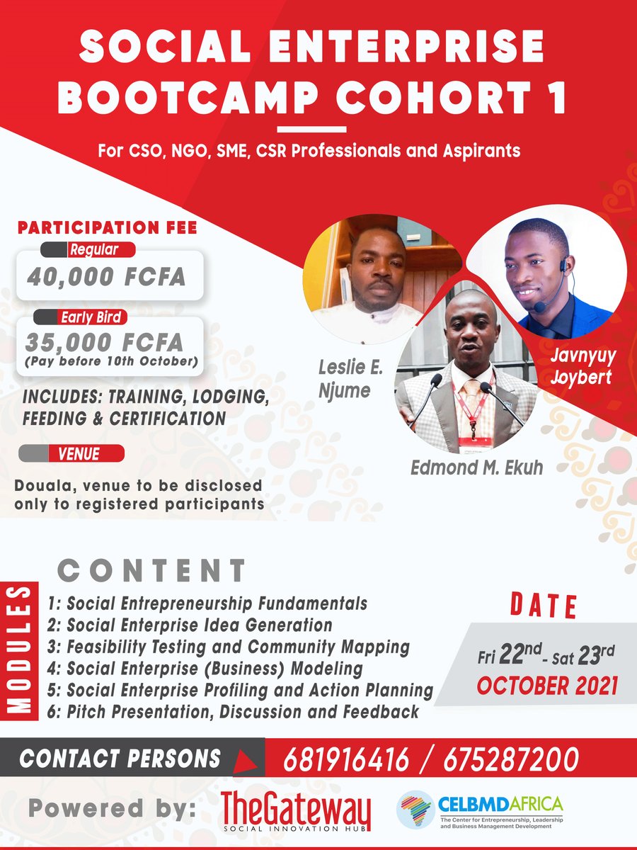 Register for our two-day residential capacity building workshop on: “How to Start a Social Enterprise and Improve Performance of Existing Ones” 
Register before October 10th and benefit from our early bird registration of 35.000 FCFA instead of 40.000 FCFA.