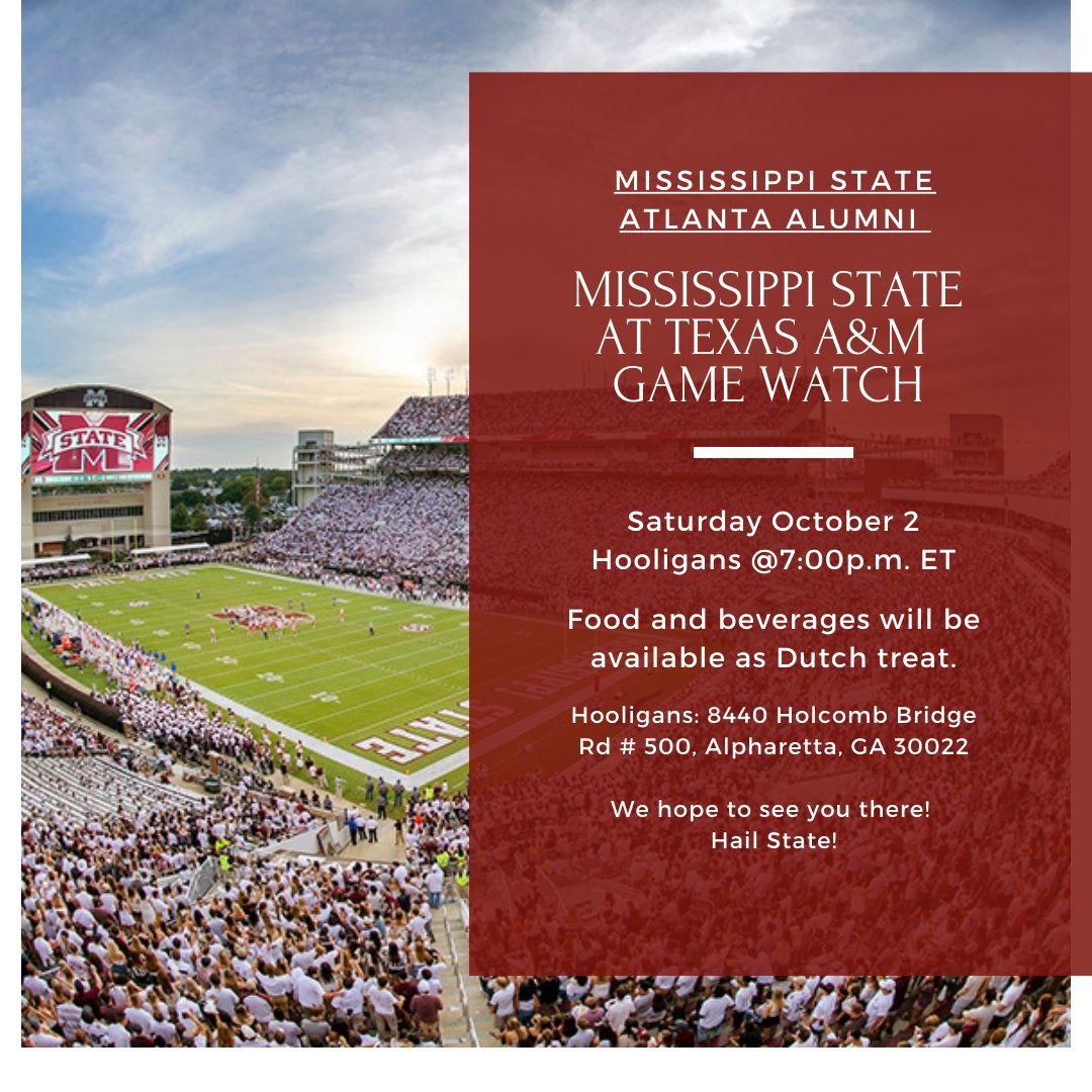 MSStateAtlanta's tweet photo. πΆπWatch the game with Bulldogs
from your area! TODAY Oct 2 at 7pm ET. We hope to see you there! #HailState #HailStateAlumni #MSStateFootball #MSStateAtlanta #Clanga https://t.co/5HcHtrME3C
