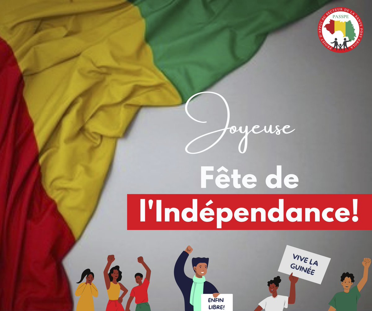 PasspeGuinee's tweet photo. 63 ans de souveraineté…! Bonne fête à toutes et à tous.
PASSPE GUINÉE, une force humaine pour un système de santé plus résiliant. 
#Guinee63 #IndépendanceDay #Kibaro  #PASSPEGN #BID @UNICEFGuinea  @guinee_oms @anss_guinee @UNOPS https://t.co/nDhOqbNWM6