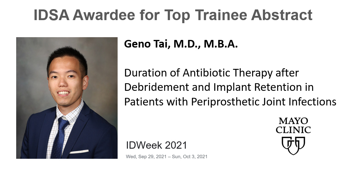 Mayo Clinic Infectious Diseases (@mayoclinicinfd) on Twitter photo Congratulations to our ID fellow Dr Geno Tai <a href="/Geno_MD/">Geno Tai MD</a> for his work being recognized as the top trainee abstract by <a href="/IDSAInfo/">IDSA</a> at @idweek2021 #IDWeek2021
Thanks to <a href="/MDTande/">Aaron Tande</a> and <a href="/DocElie/">elie²⁶</a> for mentorship #OrthoID #MayoIDFellowship Congratulations to our ID fellow Dr Geno Tai <a href="/Geno_MD/">Geno Tai MD</a> for his work being recognized as the top trainee abstract by <a href="/IDSAInfo/">IDSA</a> at @idweek2021 #IDWeek2021
Thanks to <a href="/MDTande/">Aaron Tande</a> and <a href="/DocElie/">elie²⁶</a> for mentorship #OrthoID #MayoIDFellowship