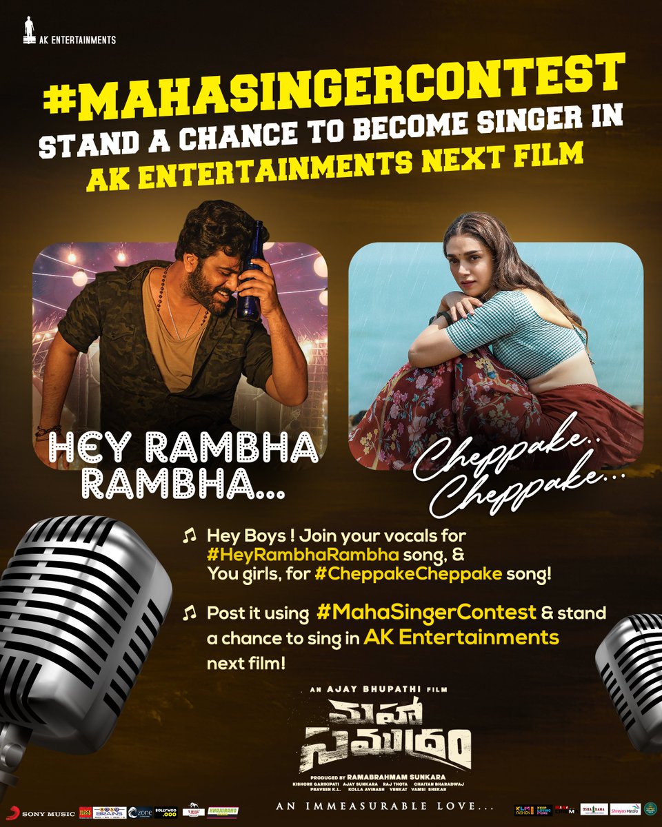AKentsOfficial's tweet photo. Hereβs a MAHA SINGER CONTESTπ for all the Aspiring Singers out there π£
Stand a Chance to become Singer in @AKentsOfficial Next Film π
π Upload your Versions of #HeyRambhaRambha & #CheppakeCheppake using #MahaSingerContest ππ»
HURRY UP & Grab the Chance β¨ https://t.co/zAOVZyRf1Z
