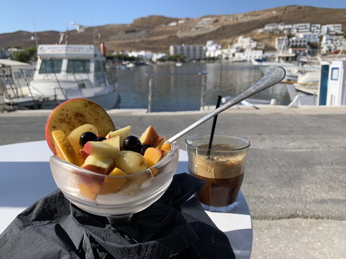 susywilkinson's tweet photo. @DrewLawDesign Fresh fruit on thick Greek yoghurt with honey, location #MerichasHarbour #Kithnos #GreekIslands https://t.co/3AiUqHR6cj