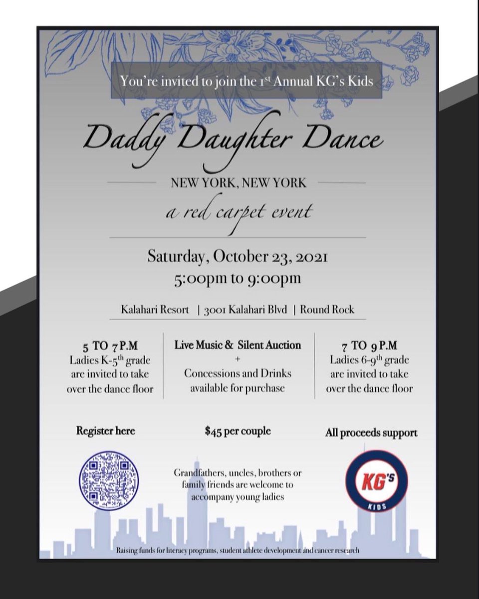 G10Academy's tweet photo. Dads, show your little princess a good time New York style at the Kalahari resort in Round Rock! Get your tickets today and invest in a child’s future! Help KG to help the kids!  @kgs.kids @k_granson18 @Colts @SMU_Football @NFLPA @KalahariResorts @ILoveBlueBell https://t.co/azxqU7m7Po