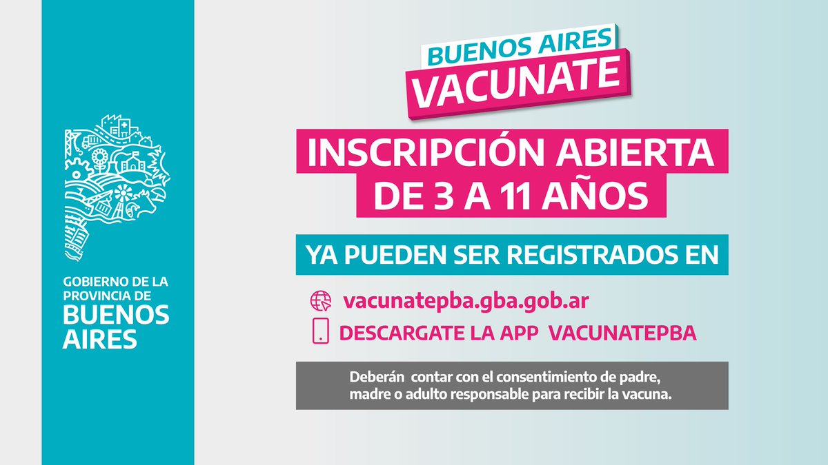 UC_SanIsidro's tweet photo. 👏A partir de hoy, los menores de 3 a 11 años pueden ser registrados en #BuenosAiresVacunate.

Pueden inscribirse en👉 https://t.co/JT16t3mgUC o a través de la aplicación vacunatePBA. https://t.co/BsS1OJjD6u
