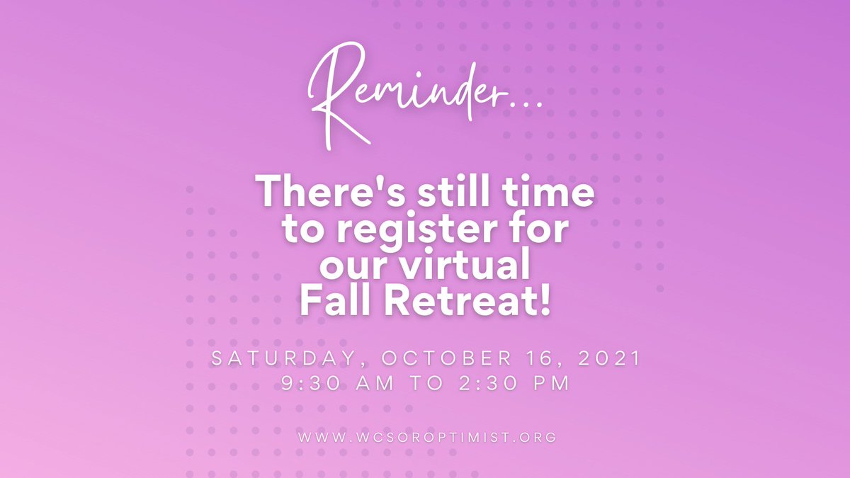 wcsoroptimist's tweet photo. Fall Retreat is for EVERYONE! Whether you’re a first-timer or a long-timer, Fall Retreat has something to offer to every Soroptimist. Cost to register: $25.00 per member. Link to Register: https://t.co/1hcsDci4PD. See you there! 💜 #wcsoroptimist https://t.co/5rcSo0cnMc