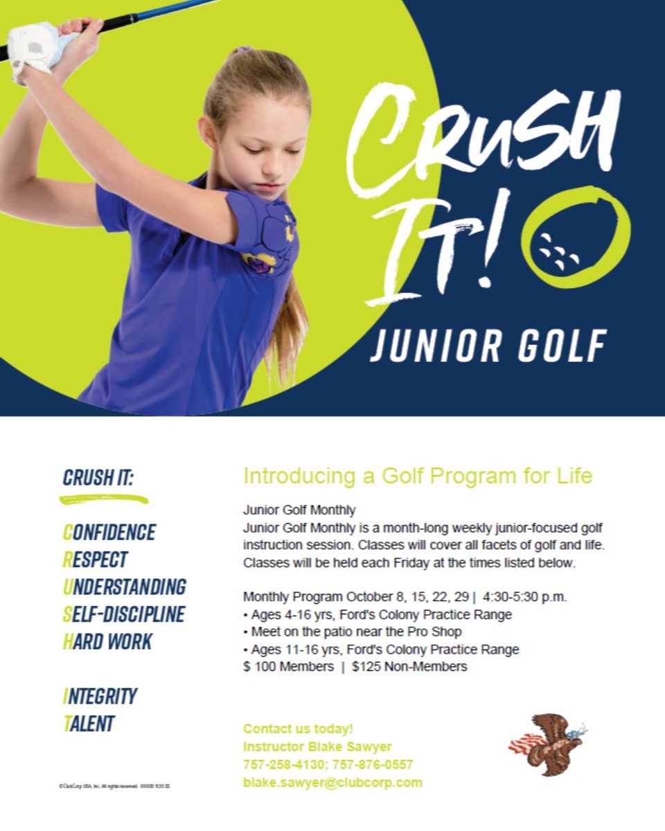 Great new program for youth. Join us for Crush It! Junior Golf. Contact Blake.Sawyer@clubcorp.com