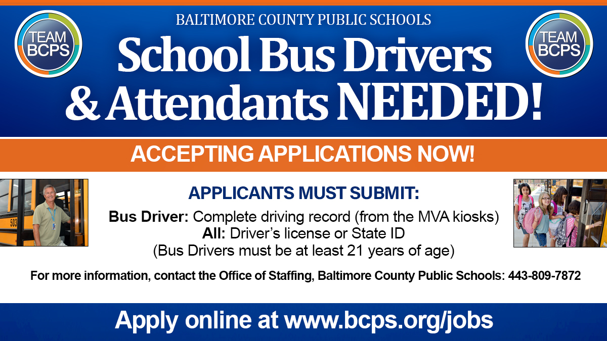 ⚠ BCPS is hiring bus drivers! Come learn more at upcoming information sessions at the Cockeysville Bus Lot (105 Wight Ave.) from 10 a.m.- 4 p.m. on Oct. 5, 6 and 8. 

Apply today at bcps.org/jobs.