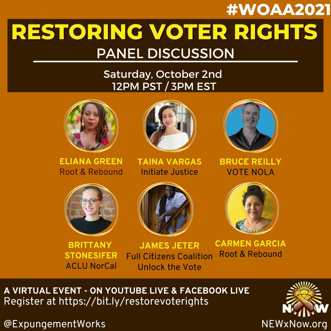 National Expungement Works (@expungementwork) on Twitter photo NEW is hosting a conversation looking at the national landscape around voter suppression and restoring voting rights to people post-conviction.
<a href="/ROOTandREBOUND/">Root & Rebound</a> @InitiateJustice <a href="/VoteNOLA/">VoteNOLA</a> <a href="/unlockthevote/">Unlock the Vote</a> <a href="/ACLU_NorCal/">ACLU of Northern CA</a>
Saturday, October 2nd 12pm PST / 3pm EST
#WOAA2021 #NEWxNOW NEW is hosting a conversation looking at the national landscape around voter suppression and restoring voting rights to people post-conviction.
<a href="/ROOTandREBOUND/">Root & Rebound</a> @InitiateJustice <a href="/VoteNOLA/">VoteNOLA</a> <a href="/unlockthevote/">Unlock the Vote</a> <a href="/ACLU_NorCal/">ACLU of Northern CA</a>
Saturday, October 2nd 12pm PST / 3pm EST
#WOAA2021 #NEWxNOW