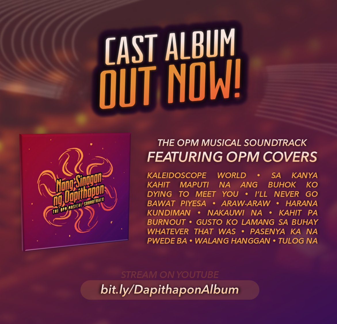 dapithaponprod's tweet photo. SURFRIES!! 🤯🍟

Miss nyo ba kami 😘 Mapapakinggan na ang pinaka-aabangang CAST ALBUM, featuring 23 remastered OPM cover tracks!

STREAM NOW:
YouTube: https://t.co/LXFbAX1DZ2
SoundCloud: https://t.co/neGBNk7SJU
Virtual Playbill: https://t.co/TxYFdV4BBV
#DapithaponAlbum📀 https://t.co/bdI3XsSCJX