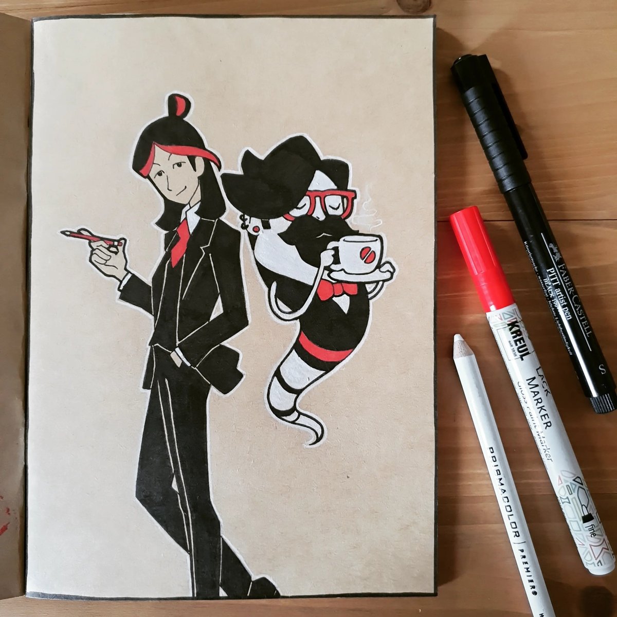 speaxel's tweet photo. And inktober no. 2! Suit!

This time featuring Yu and a coffee spirit ☕️

Follow for more: We're making video games and comics for language learning! 

#inktober #inktober2021 #suit #languages #languageslearning https://t.co/wFwzf7v0Mv