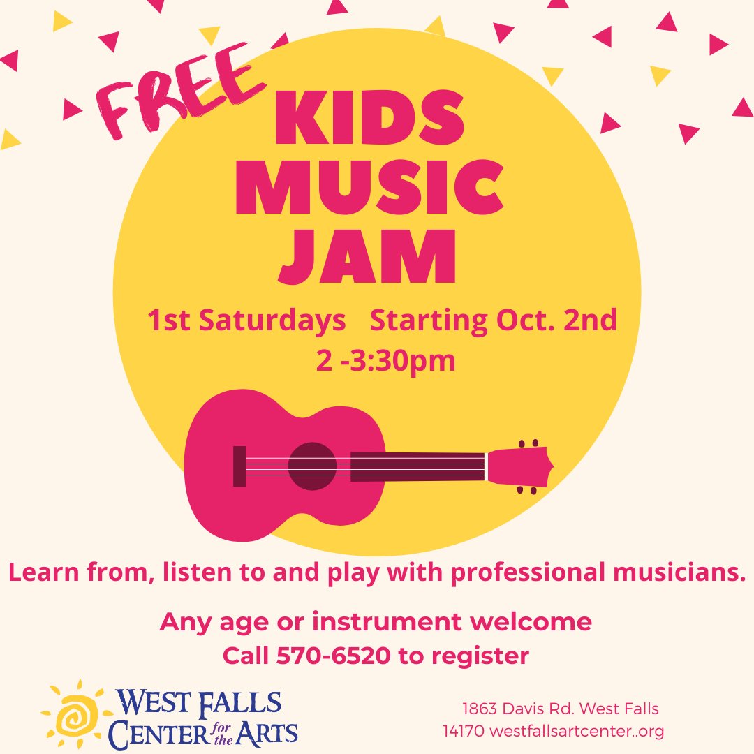 Today! FREE kids music jam! 
1st Saturdays beginning October 2nd. 
2-3:30pm 
Play with and learn from the pros!
Any skill level &amp; any instrument welcome!
Hosted by Doug Yeomans.
Call 570-6520 to register.
<a href="/westfallsart/">West Falls Center for the Arts</a> <a href="/YmusicWn/">WnYmusic</a> <a href="/eastauroranews/">EastAuroraAdvertiser</a> <a href="/EastAuroraNY/">East Aurora, NY</a> <a href="/EastAuroraBee/">East Aurora Bee</a>