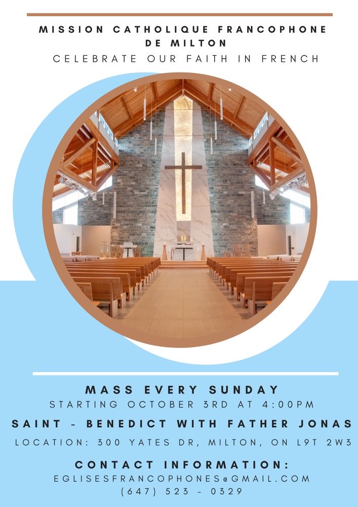 AwitorMarie's tweet photo. Finally in Milton, we will be praying in French language at St Benedict Parish. Join us Sundays at 4pm. #francophiles https://t.co/DEdxxrvykT