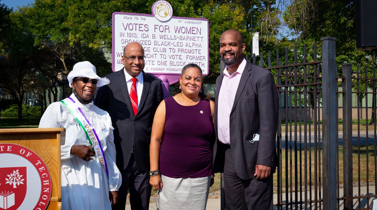 illinoistech's tweet photo. This week, we celebrated the unveiling of a commemorative marker on Illinois Tech’s campus at the former site of the Alpha Suffrage Club, founded by Ida B. Wells, the first organization to promote suffrage for Black women in IL. https://t.co/wiDquPSVEX https://t.co/vNqGAJeH4G
