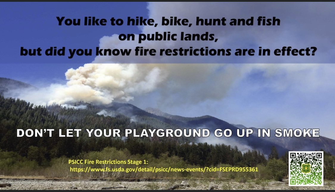 Recreating on Public lands can be refreshing and good for the soul. Whatever you do, Please do not be the cause of a wildfire. 
PSICC Fire Restrictions Stage 1:
 fs.usda.gov/detail/psicc/n…

Interactive Map: usfs.maps.arcgis.com/apps/MapSeries…

#wildifreprevention
#knowbeforeyougo