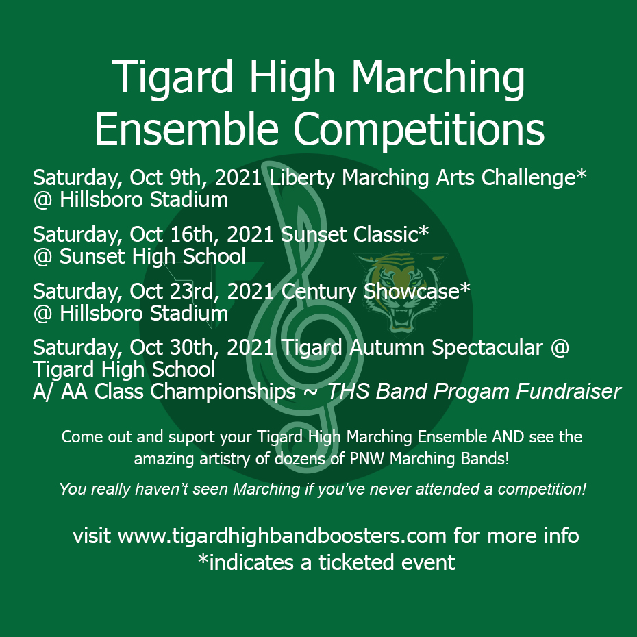 BandBoostersTHS's tweet photo. SAVE THE DATES! Come watch the amazing @TigardTigers Marching Ensemble compete! Four Oct dates available to watch them and other awesome PNW Bands perform. First competition is Saturday, October 9th!!!
Visit the Band Booster website for more information! https://t.co/ZCAXjUbZqJ https://t.co/ewG5f1AFkD