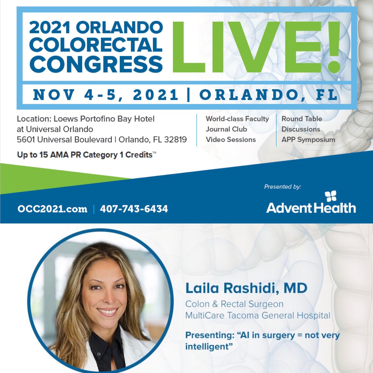 lailara58's tweet photo. Save the Date: November 4-5
2021 Orlando Colorectal Congress!
Meeting includes 15 CMEs, 2 days of rock-solid lectures
ONLY for $20 with the discount code: "OCCSAVINGS20"
REGISTER: https://t.co/BTBwgIPkhZ
#colorectalsurgery #OCC #multicare #adventHealth https://t.co/mptgrNlhVV