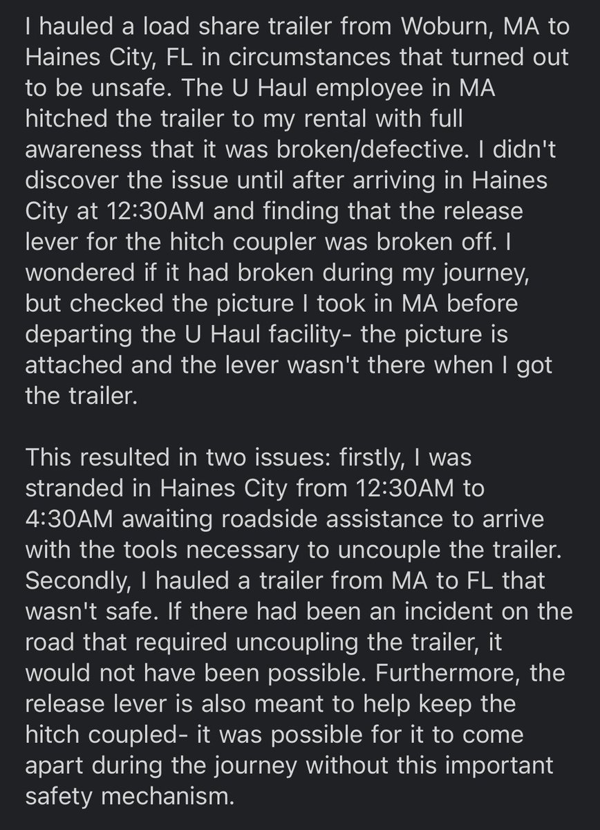 MarkedChords's tweet photo. @uhaul I hauled a load share trailer for you on 9/8 with a broken coupler. Called and was told to email a supervisor. He hasn’t responded to multiple emails. My life was in danger with this unsafe trailer and I need to you make it right. #safetyissue https://t.co/5V1msWseLE
