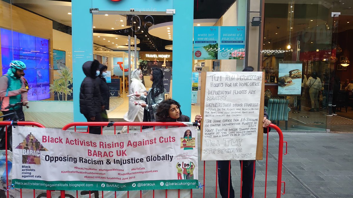 BARACUK's tweet photo. @stoptui_eastldn demo today with @BARACUK 's @hectorwesley, @Gargi_at_home and others against @TUIUK involvement in mass deportation flights, tearing families apart. TUI are responsible for 21 mass deportation charter flights just this year alone. #stopcharterflights https://t.co/162PxrEc5e