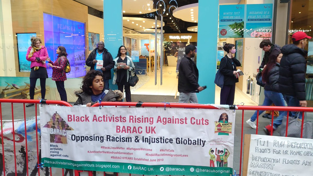 BARACUK's tweet photo. @stoptui_eastldn demo today with @BARACUK 's @hectorwesley, @Gargi_at_home and others against @TUIUK involvement in mass deportation flights, tearing families apart. TUI are responsible for 21 mass deportation charter flights just this year alone. #stopcharterflights https://t.co/162PxrEc5e