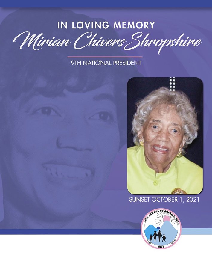 JackandJillInc's tweet photo. Jack and Jill of America, Inc. mourns the passing of Ninth National President, Mirian Chivers Shropshire, M.D.  She served as national president from 1970-1974 and was a beloved JJOA servant leader. 

Learn more about her life and legacy here: https://t.co/CgwmPfy7t5 https://t.co/sIxu2mSqhR