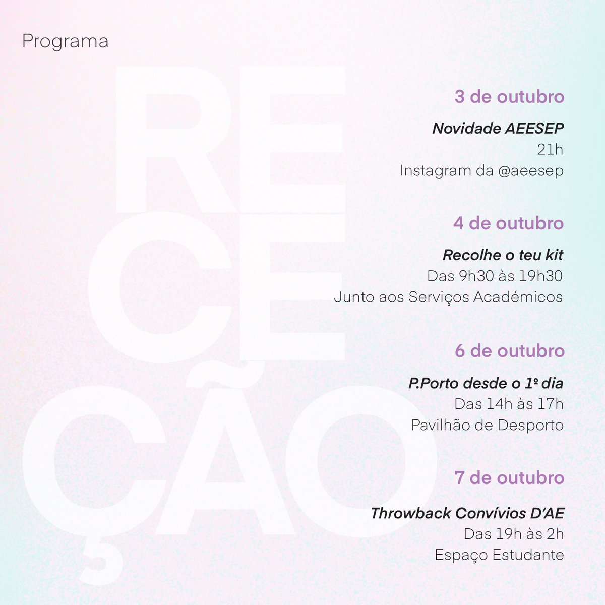 AEESEP1's tweet photo. Ansios@ pelo regresso às aulas? Ansios@ por experienciar o espírito académico na nossa instituição?
✨Semana de Receção AEESEP✨
Prepara-te!
#aeesep #semanadereceção2021 https://t.co/zYEHopqHYQ