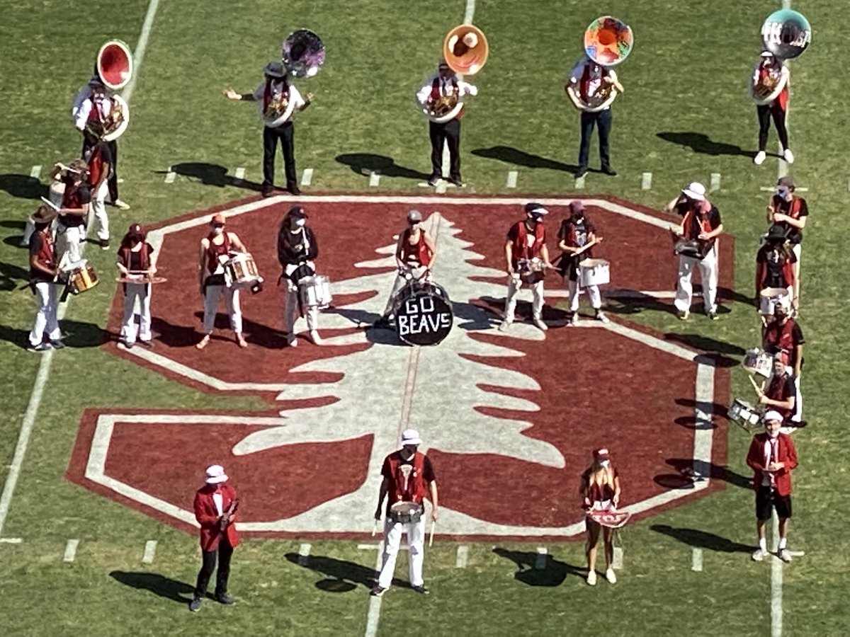 Stanford band performing National Anthem in front of game vs Ducks with “GO BEAVS” on the drum.