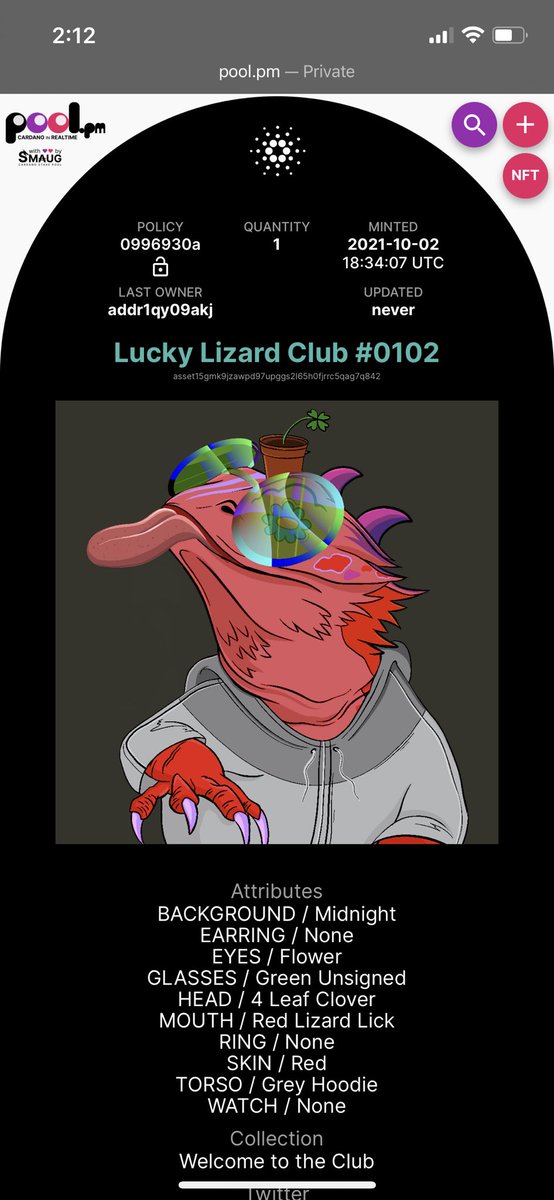 CnftLive's tweet photo. We have a sale for lucky lizard club 0102 Selling. Flower eyes 4.2%, green ensig glasses 2.7%, head 4 leaf clover 2%, sleet asking for 475 ada here’s the link https://t.co/mI4fpB6Bag @LuckyLizardClub #CNFTCommunity #CNFTGiveaway #CNFTs #CNFTdrop #cnft #NFTCommunity https://t.co/hIbd6Tz8iX