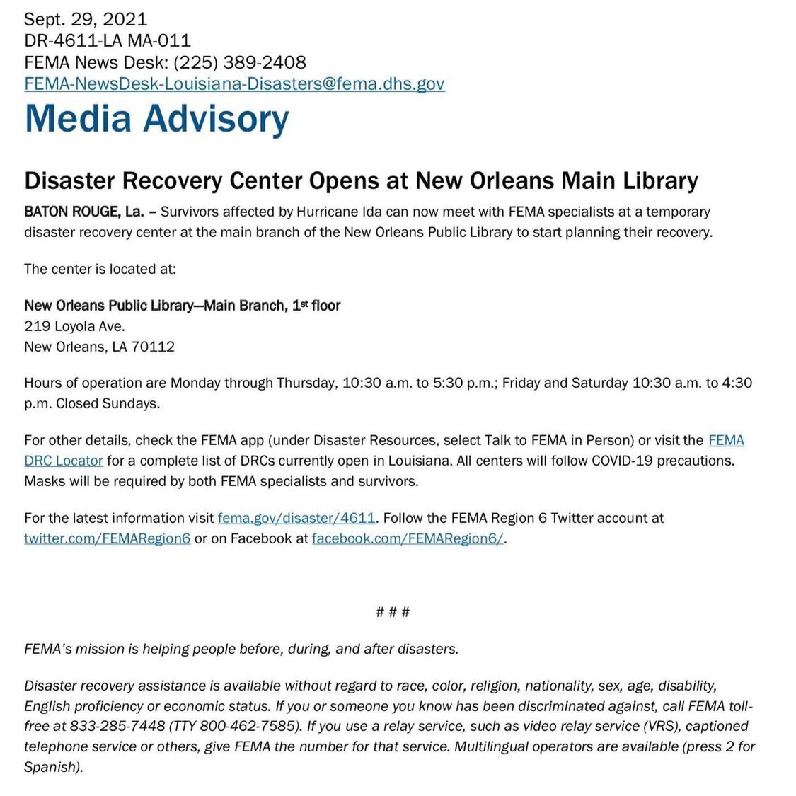 XULA_COC's tweet photo. Anyone affected by #Hurricanelda can now meet with FEMA specialists at a temporary disaster recovery center located at the New Orleans Public Library, 1st floor, 219 Loyola Ave. Hours of operation are Mon-Thurs, 10:30am to 5:30pm, Fri and Sat 10:30am to 4:30pm. Closed Sundays. https://t.co/9Li6jxd3EJ