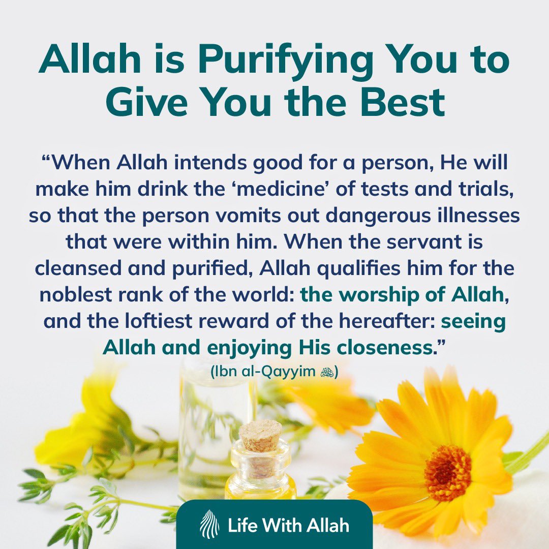 alifewithallah's tweet photo. Allah is Purifying You to Give You the Best

"When Allah intends good for a person, He will make him drink the 'medicine' of tests and trials, so that the person vomits out dangerous illnesses that were within him. When the servant is cleansed and purified… https://t.co/5p0QUpTQxN