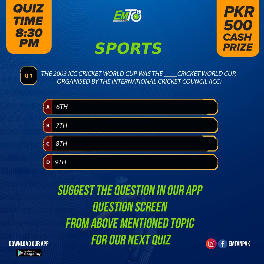 EmtenPak's tweet photo. Be Prepared for Our Next Quiz.
Earn Real Money in Ten Minutes.
Next Quiz will be Live by Tomorrow at 08:30PM
Download the app and share it with Your Friends.
#Emten  #Emtenpak  #sports   #cricket  #politics   #quiz   #earnings #Quran #cricketfans #islamic  #football #T20 #WC2021 https://t.co/12k4V08YlH