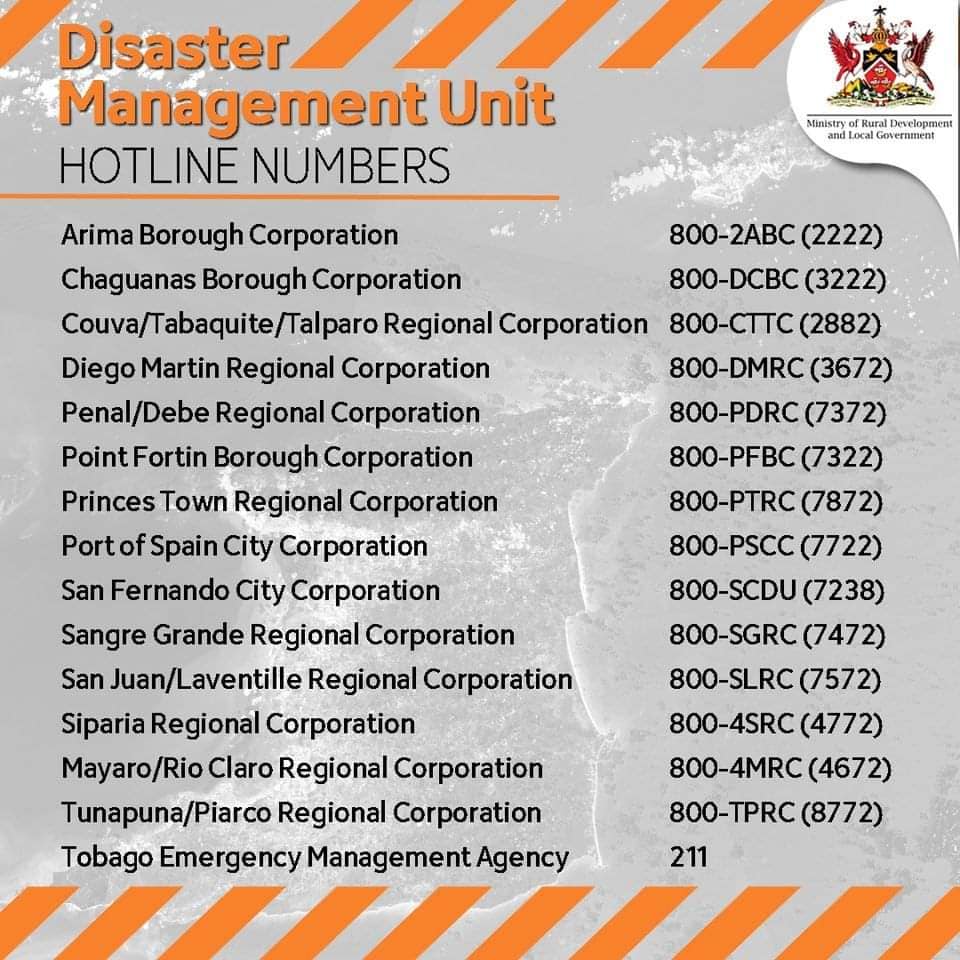 ODPM_TT's tweet photo. The TT MET Service has advised that an Adverse Weather Alert #2-Yellow Level, remains in effect. Persons are reminded to utilise the following emergency numbers if impacted by hazards such as high winds, fallen tree, blown off roof, flooding or a landslide. 
#BeReadyTT #ODPMTT https://t.co/gptfxZ1qhU