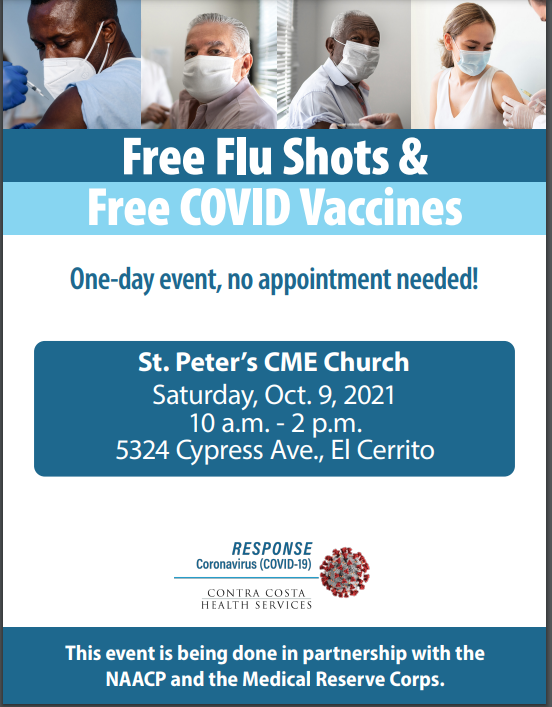 richmondcoco's tweet photo. Flu season is almost upon us. Come out next Saturday to St. Peter's CME Church to get both your Flu Shot and COVID Vaccine!! This is a one day event ad no appointment is needed...Just walk on up!! https://t.co/a8m6K22W5l