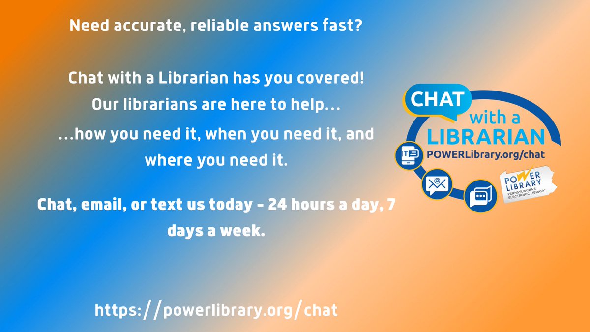 PowerLibrary's tweet photo. Need help finding some information? Chat with a Librarian has everyone covered! Anywhere, anytime - #chat, #text, #email 24 hours a day 7 days a week
#livehelp #PAlibraries #notbots #homeworkhelp #generalhelp #reliable #fast #PAchat https://t.co/SngwnSIM5v
