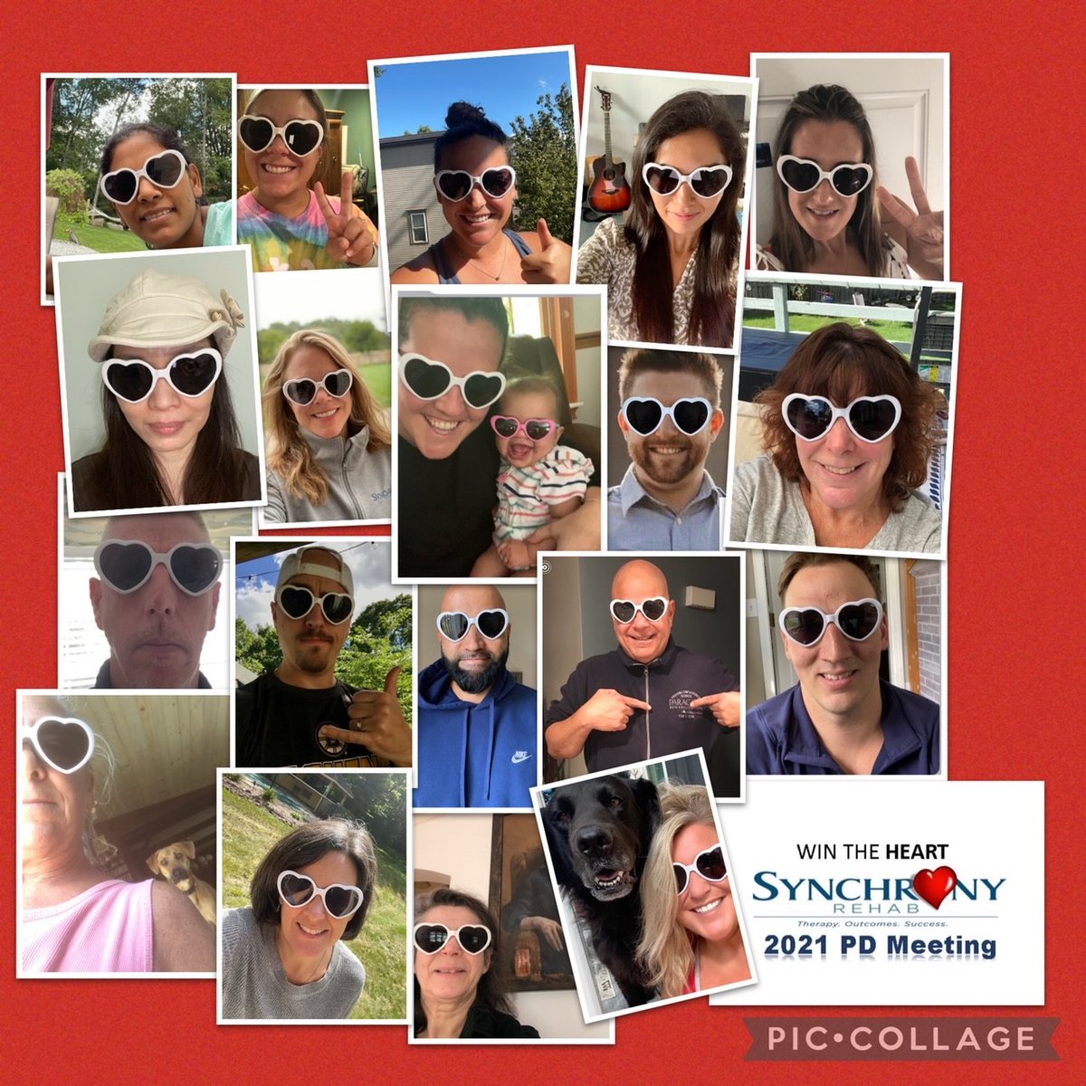 SynchronyRehab's tweet photo. The Synchrony Rehab New England Team joined our Annual PD Meeting virtually, but that didn’t stop them from letting us know how much they CARE. They shared their ‘Win the Heart’ attitude and passion with photos alongside co-workers, family and pets! #wintheheart #synchronyrehab https://t.co/Cf6e5sfiJJ