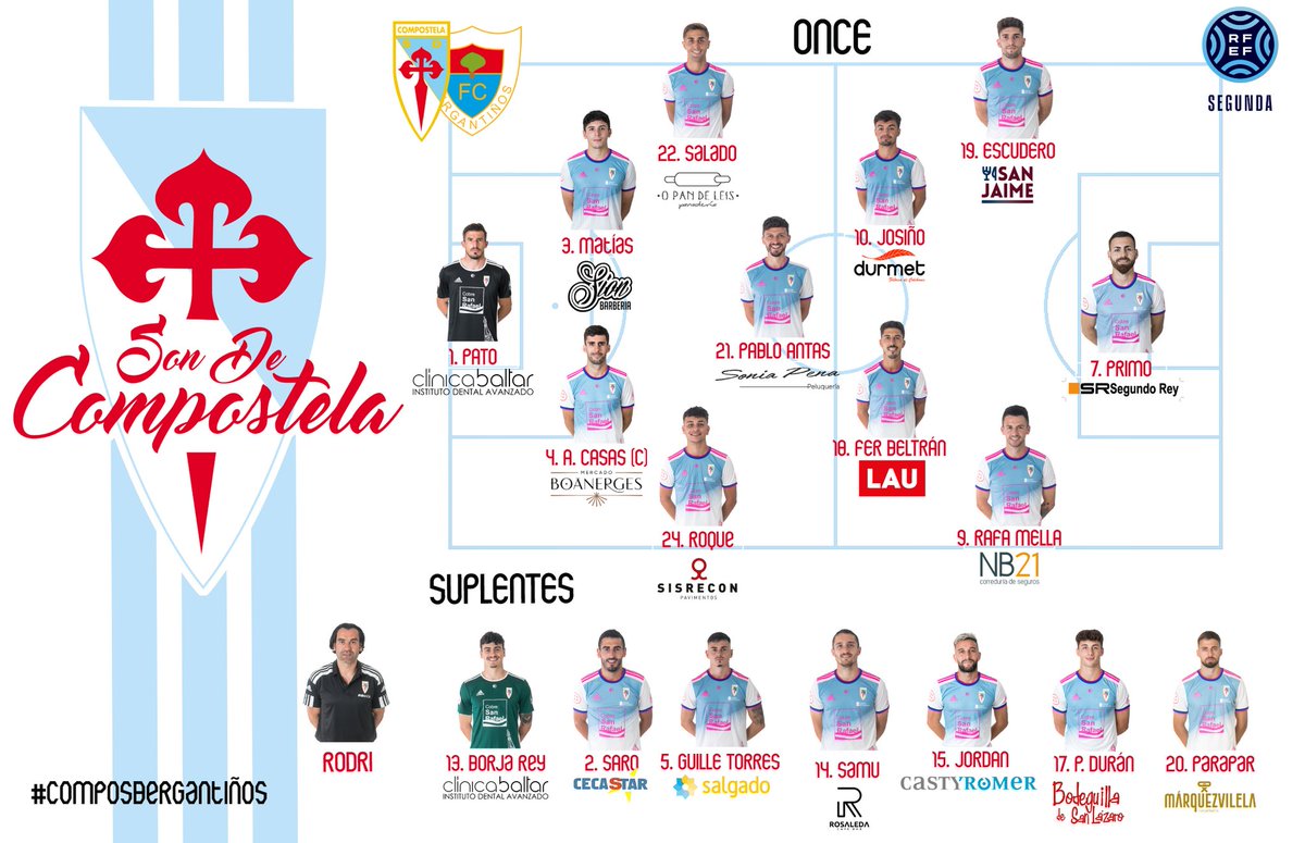 infutbolgalicia's tweet photo. 📢 1️⃣1️⃣ iniciales en el derbi en el Vero Boquete‼

⚪🔵 El Compos repite mismo equipo que empató en Leganes.
🔴🔵 Cuatro cambios hoy en el Bergan, entran Concheiro,Cano,Lamelas y Parga por Uxio,Uzal,Yelco,Boedo. #SegundaRFEF

🆚️ @SD_Compostela 18:00 @BerganFC https://t.co/H3gmmtjEiP
