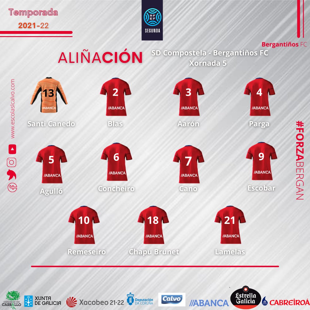 infutbolgalicia's tweet photo. 📢 1️⃣1️⃣ iniciales en el derbi en el Vero Boquete‼

⚪🔵 El Compos repite mismo equipo que empató en Leganes.
🔴🔵 Cuatro cambios hoy en el Bergan, entran Concheiro,Cano,Lamelas y Parga por Uxio,Uzal,Yelco,Boedo. #SegundaRFEF

🆚️ @SD_Compostela 18:00 @BerganFC https://t.co/H3gmmtjEiP