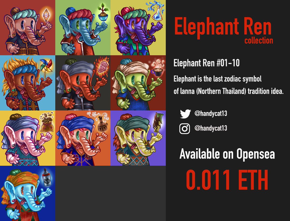 handycat13's tweet photo. MY FIRST DROP NOW !!!
This is avatar collection name Elephant Ren #01-10
available on opensea.
0.011 ETH
Please check out my work at
https://t.co/noUBv95uvf

#NFT #NFTthai #nftartist #opensea #NFTcollection
#nftcollectors #NFTcommunity #handycat13 https://t.co/llyeFzjw9B