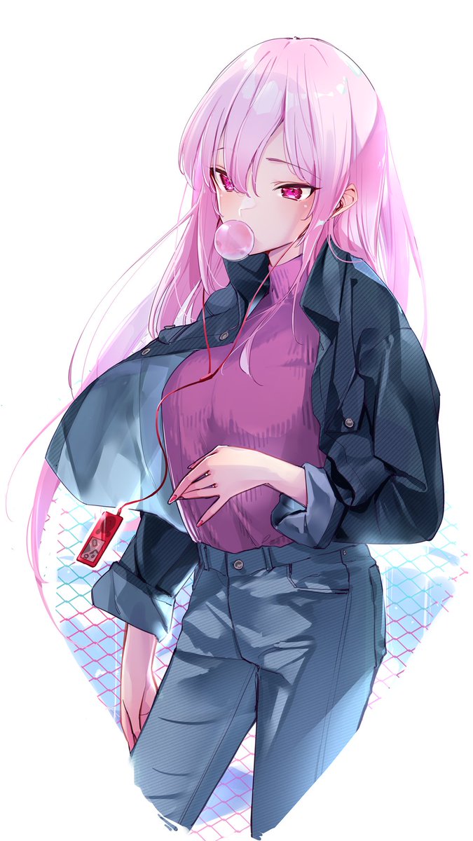 mori calliope 1girl pink hair solo jacket long hair chewing gum pants  illustration images