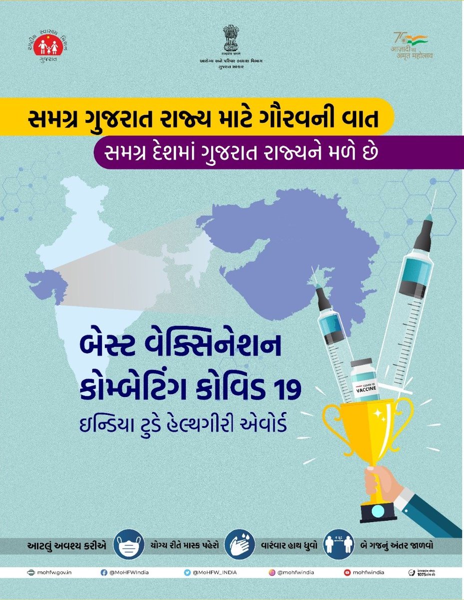 Congratulations,Gujarat! For winning the healthgiri awards by <a href="/IndiaToday/">IndiaToday</a> for #VaccinationDrive and receiving the same from <a href="/mansukhmandviya/">Dr Mansukh Mandaviya</a> Sir.