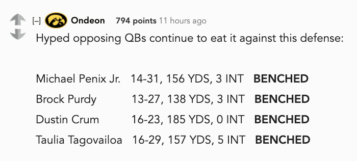 RedditCFB's tweet photo. If you're a good QB it is recommended you do not play Iowa. https://t.co/sJKXLd0cMk