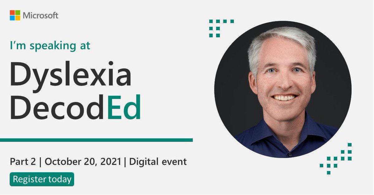 So excited for the "#Dyslexia DecodEd" digital event! #MicrosoftEDU is hosting, with many speakers. I'm speaking on Day 2.

✅ Day 1: Oct 14 @ 7:30p ET
✅ Day 2: Oct 20 @ 7:30p ET
✅ Day 3: Oct 27 @ 7:30p ET

Register 👉 info.microsoft.com/CA-EDU-CATALOG…

#DyslexiaAwarenessMonth #MIEExpert