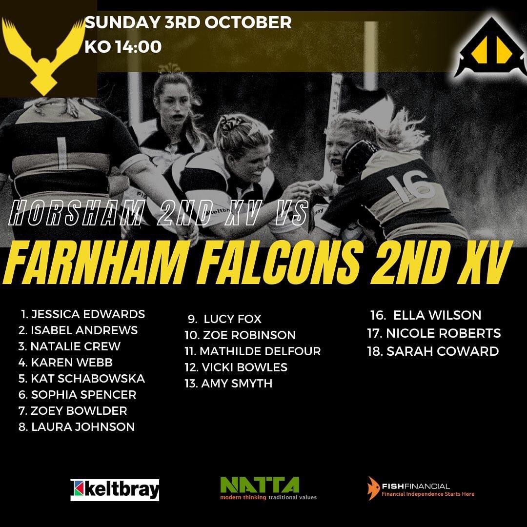 Match Day Squad 🦅

Your first ever #Falcons 2nd XV squad to face <a href="/HorshamRUFC/">Horsham Rugby Club</a> in their first league game of the season! There will be player debuts tomorrow 🤩

Come down to Horsham and support the team 🎉

🏉 KO 1400
📍Horsham RUFC

#Womensrugby #FarnhamFalconsRUFC #Farnham