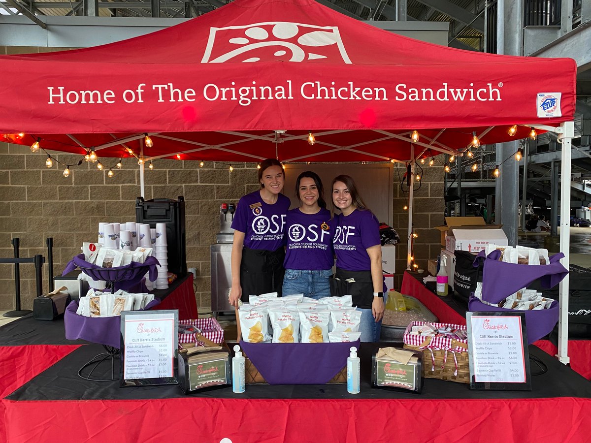 Welcome Home! It’s our pleasure to serve you and help @osf_official support their mission of students helping students! Stop by our Chick-fil-A tent, concessions stand, and Grill! Happy Homecoming! Let’s Go Tigers!! 
🐯💜🏈 #FeedYourRoar