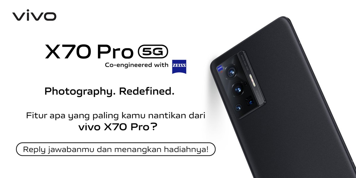 Menangkan voucher Traveloka senilai 5 juta rupiah untuk 5 orang pemenang!

Caranya:
1. Follow <a href="/vivo_indonesia/">vivo_indonesia</a> &amp; RT tweet ini
2. Tulis jawabanmu dengan Reply tweet ini
3. Tag 3 teman &amp; gunakan hashtag #vivoX70Pro
4. Periode: 2-6 Oktober 2021

S&amp;K: docs.google.com/document/d/1_c…